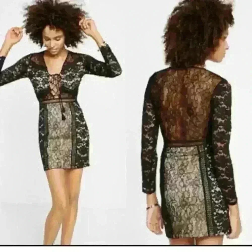 Express sz 4 black lace dress with long bell sleeves and deep V-neckline